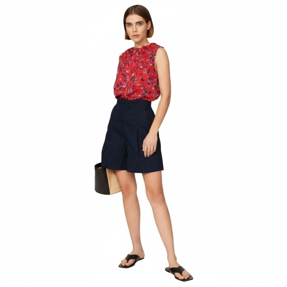 Jason Wu Navy Pleated High Waist Linen Blend Shorts Size 10